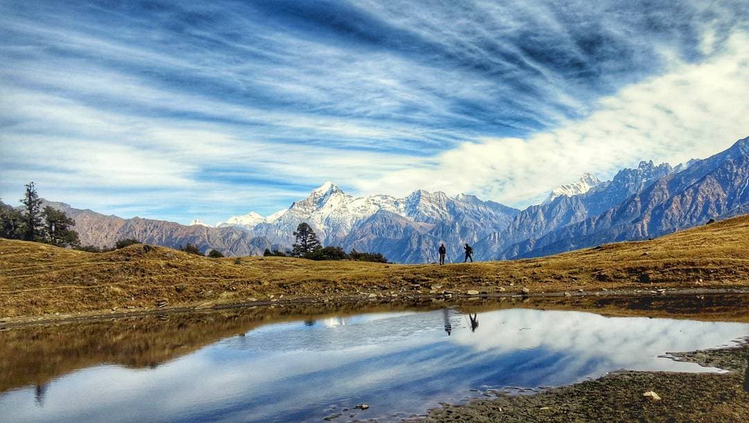 Panoramic view of Nanda Devi range from Kuari Pass in morning light